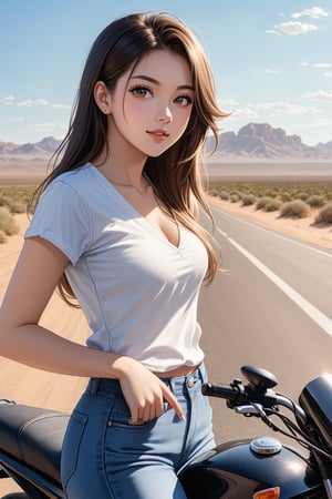 A beautiful girl, 19 years old, on the street, slender body, long hair, fitted clothes, hip-length jeans, V-neck top, nonchalant, looking to the side over her shoulder, midday, on the road, in a desert, riding a motorcycle,