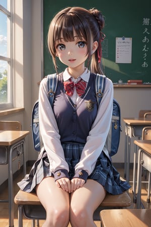 Student, high school, female, 17 years old, school uniform, backpack in hands, bun, bun hair, long hair, silky hair, neat hair, neat hair, light hair, double ponytail, beautiful, white skin, ((proportionate body;)), ((perfect body,)), ((fine features,)), ((detailed face,)), ((perfect skin,)), ((almond eyes,)), ((perfect eyes,)), classroom, chair, sitting, crossing her legs,  