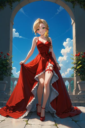 Portrait, female, teenager, 17 years old, blonde, pigtail, braid, green eyes, white skin, elegant clothes, strappy dress with lace, long dress, fitted dress, red dress, coat, medium stiletto shoes, proportionate body, top focus, aerial view, looking at the sky, raising hands, cheerful, smiling, night, half lighting, large garden, imposing mansion,