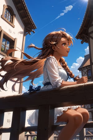 A woman, beautiful, 23 years old, village, bridge, hand on railing, wind, hair flying, hand stroking hair, cheerful, slight smile, /(bottom focus, focus from below, right profile,), /(copper hair, extremely long hair, topknot, right side braid, braid over shoulder, tanned skin, hazel eyes, light eyes,),