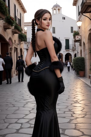 In a large plaza, in a world inspired by the Spanish colonial era in the 18th century, sunset, street lamps, religious festival, lavish decorations, large buildings all around, trees on ornate cobblestones, festive atmosphere, mists surrounding the landscape, nostalgic, looking at the horizon, with her back turned, /(focus on back), a beautiful 24 year old woman, /(Mediterranean white skin, extremely long straight jet black hair styled in a ponytail and braids, hazel eyes,), /(Hourglass shaped body, medium hips, medium waist, shapely legs, big chest, small hands, slender fingers, Greek nose, almond eyes,), (Refined colonial style ball gown: wide dress fitted at the torso, corset covering the entire torso fastened with threads, long skirt with pleats, back pigtail from the back to the floor, long fur cape, medium heeled shoes, brooches in the hair, gloves, necklace, bracelets on the wrists, party mask covering her face,),