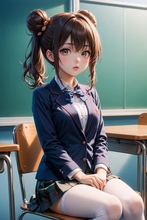 Student, high school, female, 17 years old, school uniform, backpack in hands, bun, bun hair, long hair, silky hair, neat hair, neat hair, light hair, double ponytail, beautiful, white skin, ((proportionate body;)), ((perfect body,)), ((fine features,)), ((detailed face,)), ((perfect skin,)), ((almond eyes,)), ((perfect eyes,)), classroom, chair, sitting, crossing her legs,  