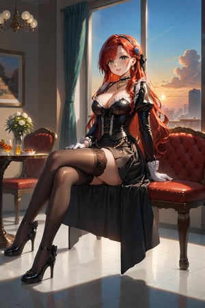 A beautiful woman, elegant, refined, anime-inspired uniform, Victorian style, demure, long skirt, blouse, stockings, gloves, bow in her hair, extremely long hair tied up, light skin, patent leather shoes, necklace, brooch on the hair, gold jewelry, restaurant, sunset, sitting in a chair, crossing legs, on one side of the window, high floor, city in the background,