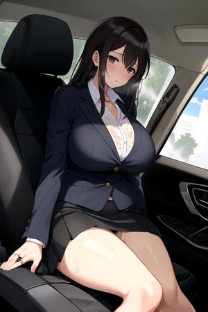 Sweat and wet body, translucent blouse, a mexican executive women, 24 years old, Neckline, tanned brown skin, honey-colored eyes, long black hair, big chest, massive chest, Tight-fitting office clothing, Mini-skirt, in a car, in a car, in the back seat, lying down, fogged up windows, kissing with an old man, 45 years old, /(formal suit, rings on fingers,), on top of the man riding him, frontal focus, ,anime