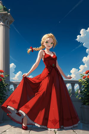 Portrait, female, teenager, 17 years old, blonde, pigtail, braid, green eyes, white skin, elegant clothes, strappy dress with lace, long dress, fitted dress, red dress, coat, medium stiletto shoes, proportionate body, top focus, aerial view, looking at the sky, raising hands, cheerful, smiling, night, half lighting, large garden, imposing mansion,