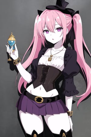 In a large mansion, in a steampunk world, in a sunset, back against the wall, gazing at the horizon, a sexy 18-year-old woman, /(Pale white skin, long pink hair combed in two pigtails and a lock over the left eye, violet eyes,), /(Hourglass-shaped body, wide hips, small waist, shapely legs, big chest, small hands, thin fingers, Greek nose, almond-shaped eyes,), (Victorian style clothing: black corset covering the entire torso to the waist fastened with threads, thigh-length miniskirt with gray pleats and a back pigtail to the knees, black knee-high boots, bow on the head, rings on the fingers, necklace, wrist bands,),