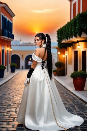 In a large plaza, in a world inspired by the Spanish colonial era in the 18th century, sunset, street lamps, religious festival, lavish decorations, large buildings all around, trees on ornate cobblestones, festive atmosphere, mists surrounding the landscape, nostalgic, looking at the horizon, with her back turned, /(focus on back), a beautiful 24 year old woman, /(Mediterranean white skin, extremely long straight jet black hair styled in a ponytail and braids, hazel eyes,), /(Hourglass shaped body, medium hips, medium waist, shapely legs, big chest, small hands, slender fingers, Greek nose, almond eyes,), (Refined colonial style ball gown: wide dress fitted at the torso, corset covering the entire torso fastened with threads, long skirt with pleats, back pigtail from the back to the floor, long fur cape, medium heeled shoes, brooches in the hair, gloves, necklace, bracelets on the wrists, party mask covering her face,),