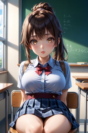 Student, high school, female, 17 years old, mature, beautiful, school uniform, bag in hands, bun, bun hair, long hair, silky hair, neat hair, light hair, ponytail, beautiful, fair skin, ((proportionate body;)), ((perfect body,)), ((fine features,)), ((detailed face,)), ((perfect skin,)), ((almond-shaped eyes,)), ((perfect eyes,)), classroom, chair, sitting, crossing her legs,