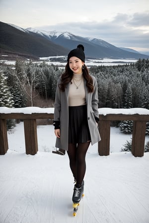 In a private institute for women, a beautiful female student, outdoors, winter, snowing, skating on a rink, cheerful, smiling, closing her eyes, looking at the sky, snowflakes crashing on her face, dusk, sunset, mountains in the background, forest in the background, /(top focus,), /(aerial view,), /(Extremely long straight hair styled in a ponytail, almond eyes, hourglass athletic body, big chest, medium hip, medium waist, shapely legs, perfect fingers, Greek nose, perfect hands, triangular face,), /(Winter outdoor wear: worsted sweater, long pleated gray skirt, full body coat, black tights, winter hat, earrings, bracelet, necklace, skates,),