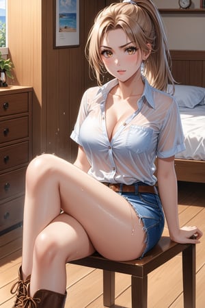 A beautiful woman, In her 20's, in her room, wet body, wet clothes, angry, clothes on the floor, sitting on a chair, crossing her legs, /(Mediterranean white skin, extremely long straight light brown hair combed in a ponytail, hazel almond eyes,), /(denim miniskirt, white short-sleeved V-neck blouse, knee-high leather boots,), /(shapely legs, athletic hourglass body, medium hips, medium waist, large chest), blouse translucent from water, blouse unbuttoned completely open revealing the bra underneath,