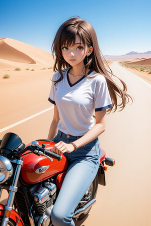 A beautiful girl, 19 years old, on the street, slender body, long hair, fitted clothes, hip-length jeans, V-neck top, nonchalant, looking to the side over her shoulder, midday, on the road, in a desert, riding a motorcycle,