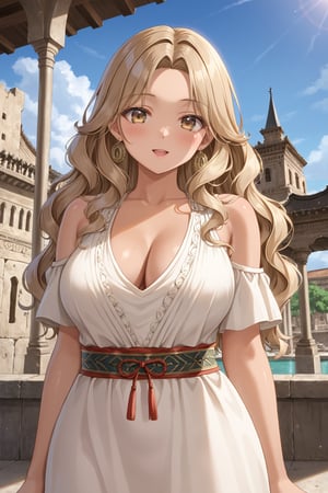 A woman, 19 years old, light tanned skin, extremely long wavy hair, light brown eyes, ancient world, Hebrew city, ancient dress, fitted dress, looking over shoulder, beautiful, would be, pitcher in arms,