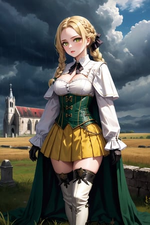 /(Woman, 18 years old, beautiful, sexy), (field, church, cloudy sky, rain,) /(blood on her clothes, corpses around, ruins,), /(sadistic, expressionless, indifferent,), /(proportionate body, large breasts, shapely legs, medium waist, medium hips, perfect hands, perfect face, perfect eyes,), /(blonde hair, long hair, braid over right shoulder, white skin, emerald green eyes,), /(18th century style military clothing, thread-tied corset, yellow corset, white blouse, long sleeve blouse, lace blouse, yellow miniskirt, pleated miniskirt, white boots, thigh-high boots, boots held up by garters, metal mittens, metal knee pads, metal shoulder pads, cape, hair clip,),