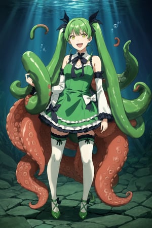 1girl, solo, tentacle hair, smile, open mouth, bangs, thighhighs, dress, bow, holding, twintails, very long hair, green eyes, standing, full body, yellow eyes, frills, detached sleeves, green hair, wings, shoes, armpits, arm up, white thighhighs, book, microphone, tentacles, bubble, green dress, underwater, leg ribbon, singing, green theme, green footwear