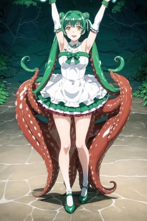 1 girl, alone, hair made entirely of octopus tentacles, including twin pigtails of tentacles, smiling with full, red lips, tentacle bangs, white thighs, green dress with ruffles and loose sleeves, bun, standing, full body , green and yellow eyes, very long and abundant green tentacles, wings, green shoes, arms crossed, visible armpits, bubbles around, underwater theme, ribbon on the leg, blushing, very sexy,OtomeDori