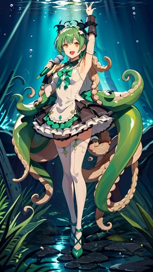 1 girl, alone, hair made entirely of octopus tentacles, including twin tentacle pigtails, smiling with an open mouth, tentacle bangs, white thighs, green dress with ruffles and loose sleeves, bow, full body, standing, green and yellow eyes, very long and abundant green tentacles, wings, green shoes, crossed arms, visible armpits, holding a book and a microphone, bubbles around, underwater theme, ribbon on the leg, singing, Cthulhu