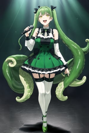 1girl, solo, tentacle hair, smile, open mouth, bangs, thighhighs, dress, bow, holding, twintails, very long hair, green eyes, standing, full body, yellow eyes, frills, detached sleeves, green hair, wings, shoes, armpits, arm up, white thighhighs, book, microphone, tentacles, bubble, green dress, underwater, leg ribbon, singing, green theme, green footwear,AONONEMOS