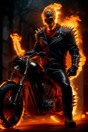 solo, open mouth, blonde hair, gloves, 1boy, male focus, boots, black gloves, armor, chain, fire, ground vehicle, motor vehicle, spikes, skull, motion blur, leather, spiked bracelet, motorcycle, leather jacket, shoulder spikes, biker clothes