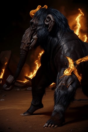 alone, open mouth, black hair, 1 primitive man, profile, dressed in animal leather, male focus, chain of bones, fire, ground vehicle, mammoth, mammoth set on fire, eyes of fire, skull, motion blur, animal leather, mounted on the mammoth