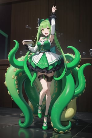 1 girl, alone, hair made entirely of octopus tentacles, including twin tentacle pigtails, smiling with an open mouth, tentacle bangs, white thighs, green dress with ruffles and loose sleeves, bow, full body, standing, green and yellow eyes, very long and abundant green tentacles, wings, green shoes, crossed arms, visible armpits, holding a book and a microphone, bubbles around, underwater theme, ribbon on the leg, singing, Cthulhu,Diva