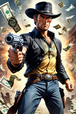 ((full body image of Clint Eastwood fist full of dollers gun slinger cowboy, Alex Ross style comic ,)) (( Action pose)) (Masterpiece, Best quality), (finely detailed eyes), (finely detailed eyes and detailed face), (Extremely detailed CG, intricate detailed, Best shadow), conceptual illustration, (illustration), (extremely fine and detailed), (Perfect details), (Depth of field),more detail XL,action shot,DonM3l3m3nt4lXL,Colorful Binary Code Energy,gunatyou