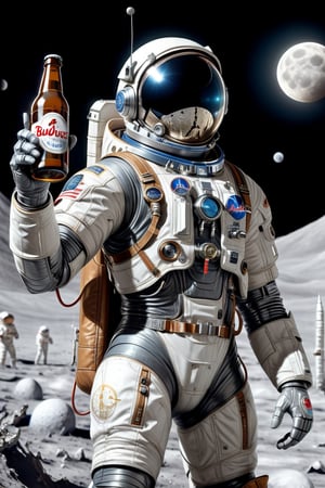 A spaceman in a space suit on the moon, standing up, with a beer in hand, budwiser in hand is raised, on the moon, behind him planet Earth, cyborg-style, cyborg-style,cyborg style