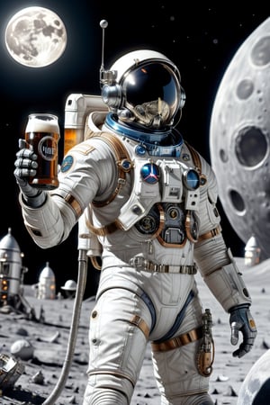 A spaceman in a space suit on the moon, standing up, with a beer in hand, Joewiser in hand is raised, on the moon, behind him planet Earth, cyborg-style, cyborg-style,cyborg style