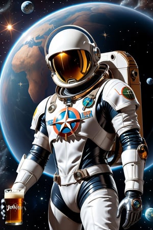  Buck Rogers from the 1980's floating in space in a space suit, with a beer in his hand, the Joewiser logo, behind him planet Earth in view, the African continent, stars in space, cyborg-style, cyborg-style, cyborg-style