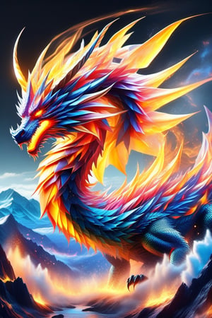 very bright seven color transparent glass dragon with neon edges, breathing Fire and absolutely fairy tale mountians background, origami style, furious, fierce, magical and delicate line of scientific and technological sense, movie sense, HD, detailed light, cinematic, high detail, 4k , cyberpunk, 3D rendered, 32k, hyper detailed, magical and epic, epic light, the most perfect and beautiful image ever created, image taken with the Sony A7SIII camera, many details, 8k speed effect, Phi Phenomenon (Marcos Wertheimer) , flat, vector, delicate folds, black background –ar 1:1,DonM3l3m3nt4lXL