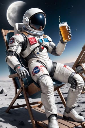 A spaceman in a space suit, sitting on a deck chair with a beer in hand, budwiser in hand is raised up,ON THE moon looking back  at the earth, cyborg-style,cyborg style
