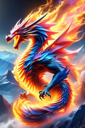 very bright seven color transparent glass dragon breathing fire with neon edges, breathing Fire from his mouth and absolutely fairy tale mountains background, origami style, furious, fierce, magical and delicate line of scientific and technological sense, movie sense, HD, detailed light, cinematic, high detail, 4k , cyberpunk, 3D rendered, 32k, hyper detailed, magical and epic, epic light, the most perfect and beautiful image ever created, image was taken with the Sony A7SIII camera, many details, 8k speed effect, Phi Phenomenon (Marcos Wertheimer) , flat, vector, delicate folds, black background –ar 1:1,DonM3l3m3nt4lXL