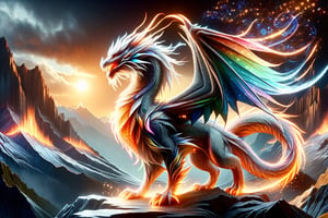  very bright seven-color transparent glass Japanese dragon with big wings neon edges, breathing Fire from his mouth absolutely fairy tale mountains background, origami style, furious, fierce, magical, and delicate line of scientific and technological sense, movie sense, HD, detailed light, cinematic, high detail, 4k , cyberpunk, 3D rendered, 32k, hyper-detailed, magical and epic, epic light, the most perfect and beautiful image ever created, the image was taken with the Sony A7SIII camera, many details, 8k speed effect, Phi Phenomenon (Marcos Wertheimer), flat, vector, delicate folds, black background –ar 1:1,DonM3l3m3nt4lXL,glitter,DonM3lv3nM4g1cXL