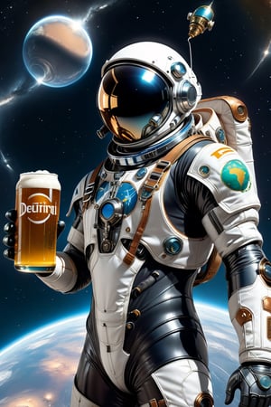 A spaceman floating in space in a space suit, with a beer in his hand, Joewiser logo, behind him planet Earth in view, the African continent, stars in space, cyborg-style, cyborg-style, cyborg-style