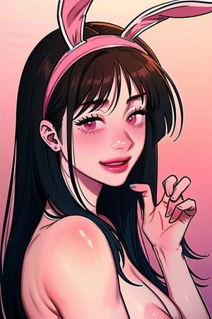 1girl,mature_woman,(masterpiece,detailed,best quality),,smile,facing_viewer,anime,off shoulder sweater,pink sweater,clavicle,bottomless,black hair,red eyes,black hair,black hair,short hair,hair short with long locks, bangs, sideburns, pink headband, looking at viewer, smile, sangonomiya kokomi (bright coral bone), naked tits, big tits, pretty nipples, bunny girl, bunny ears, headbands with pink bunny ears , pink bunny ears, headband with pink ears, nude