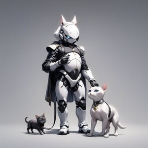 white armored android walking his tuxedo cat on a leash