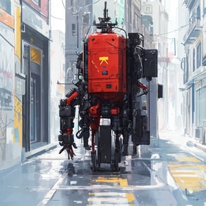 ppprofile view, armored robot with a mask, wearing techwear, walking through alleyway at night with huge plasma rifle, background wall graffiti,movicomics, close up,deails,style