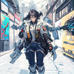 cyberpunk armored manga style battle robot wearing a trenchcoat,  walking through alleyway, holding MP7 MACHINE thugs watching, trash can on fire night time neon GUN,movicomics