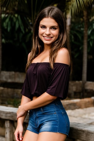 A masterpiece of realistic artistry, this medium shot captures a stunning Latin girl, aged 14, with long black hair and straight, dark brown eyes that seem to sparkle with mischief. Her petite frame is showcased on a small stone fence in a tropical garden in Acapulco, where she sits in a daring pose, wearing an Off-the-shoulder blouse and tight cotton bike shorts from the early 90s era. A knowing smile plays on her lips as she gazes directly at the viewer, her eyes shining with amusement. The soft light of the setting sun casts a warm glow on her features, highlighting her photorealistic beauty.