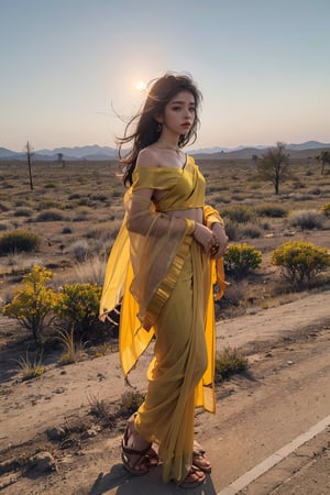 Indian road: Imagine a woman in a simple YELLOW cotton saree, standing on the road overlooking a vast desert landscape. Full body,The sun dips below the horizon, casting long shadows and painting the sky in fiery hues. The silence is broken only by the whisper of wind, and the woman's expression is one of quiet contemplation amidst the stark beauty of nature's harshest embrace.,portrait,1girl