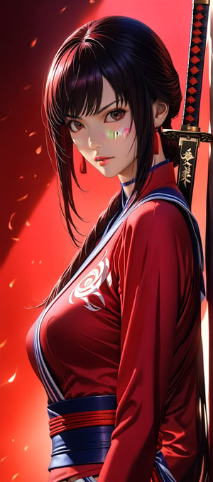 Masterpiece, Best quality, Photorealistic, Ultra-detailed, fine detail, high resolution, 8K wallpaper, In this image, a woman, Yoko Matsugane's Mai Shiranui spirit, poses against a dark, crimson-lit background, her black and red kunoichi attire accentuating the dramatic tension. Her hand, adorned with crimson lacquerware, grasps the hilt of a gleaming katana, ready to unsheathe its deadly edge. Inspired by Masamune Shirow's futuristic aesthetic, this portrait combines the stealthy power of a ninja gaiden girl with the unbridled ferocity of Dead or Alive 6's Mai Shiranui.