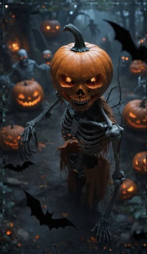 A close-up shot of a skeleton with a pumpkin on its head, Pumpkin Head's eerie gaze piercing through the darkness. The skeleton's bony hands grasp the pumpkin, as it assumes a menacing pose amidst a spooky atmosphere. Spooky jack-o'-lanterns adorn the background, surrounded by scary monster statues. A halloween celebration unfolds, complete with detailed and creepy decorations. In the distance, scary creatures lurk, casting an ominous glow on the scene. The halloween art style is eerie and vivid, capturing the essence of a haunting All Hallows' Eve.