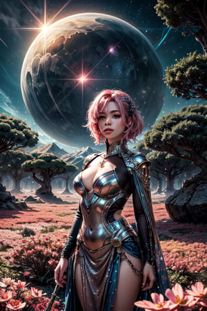 "Painting, ultra high definition, a japanese girl with sparkling  pink hair and glowing blue eyes, standing on an alien planet, sunlight illuminating metallic petals, fantasy environment, vivid hues, detailed vegetation, vast alien sky, dreamlike quality, immersive landscape."