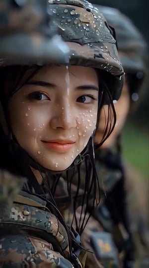 A wet pavement glistens in the misty atmosphere as Cheng Yi, a striking Japanese CGI creation, emerges from the shadows. A beautiful female soldier, clad in realistic military attire and helmet, poses with a coy smile, her eyes sparkling with subtle mischief. The camera zooms in on her face, showcasing an ultrarealistic UHD portrait with highly detailed VFX - every facial feature is meticulously rendered, making her expression all the more captivating. In this close-up shot, Cheng Yi's mechanized soldier girl persona shines, exuding confidence and allure.