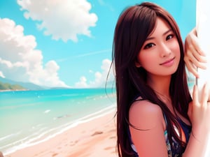 ((Best quality, 8k, Masterpiece :1.3)), top quality, expressive eyes, detailed eyes, perfect face, there is a woman that is standing on the beach with a surfboard, beautiful digital artwork, beautiful digital painting, keiko kitagawa girl portrait, gorgeous digital painting, beautiful digital art, beautiful gorgeous digital art, beautiful japanese girls face, beautiful avatar pictures, keiko kitagawa beautiful girl, beautiful anime girl, beautiful asian girl, japanese girl, beautiful anime woman, very beautiful digital art