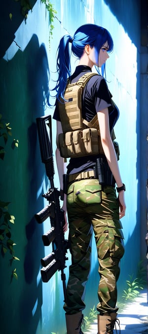 A woman's unyielding determination fills the frame as she leans against a worn wall, assault rifle at the ready in her firm grip. Her ponytailed hair cascades down her back like a verdant waterfall, a striking contrast to her pale skin and rugged attire: bulletproof vest, black shirt, camouflage pants, and military boots. Dim blue lighting casts shadows across her face, accentuating camouflage makeup that emphasizes her unwavering expression.