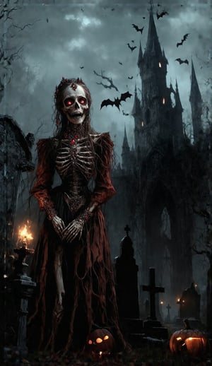 A mysterious figure emerges from the shadows: a regal woman in a skeleton costume, adorned with intricate lace and gemstones, stands before a foreboding castle at dusk. The graveyard's misty veil shrouds her like a dark aura. Eyes gleam with an otherworldly intensity as she surveys her domain. Her elegant horror artwork is set against a gothic fantasy backdrop of crumbling mausoleums and twisted tree roots.