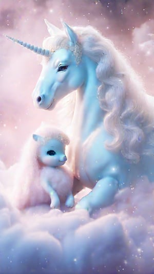 Softly lit dreamy scene: A majestic light blue unicorn and its adorable pink baby counterpart lie serenely amidst billowy white clouds, surrounded by a halo of sparkles. The air is filled with whimsical wonder as they rest together in a fluffy cloud, resembling a puffy marshmallow. The background radiates a heavenly pink hue, evoking a sense of mystical and magical harmony. Cotton candy-like wisps swirl around them, infusing the atmosphere with an otherworldly quality. In this idyllic Fairyland, mythical creatures like these unicorns reign supreme, exuding pure enchantment and fantasy.