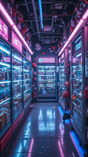 FUTURISTIC: A peek inside a futuristic convenience store with hovering display shelves, neon lights, laser lit floors, transparent walls and ceiling