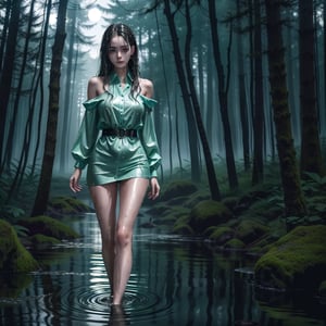 A beautiful girl standing in a forest at night, she is dressed in a completely wet and drenched water, her long hair is also very wet and drenched, clothes and hair are wet, and She has short shoulders, a very thin waist and slender legs, beautiful and delicate skin,She stares with a cold look and provocative (Super detailed,ultra high resolution,detailed background)),ancient city,dark forest at night,spooky,eerie,Chill,Inspiration,1 girl,wearing a minidress、Wearing a white collared long-sleeved blouse