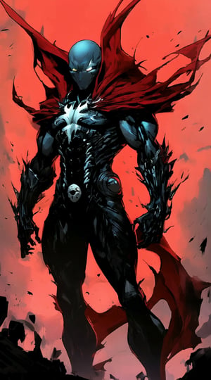 A close-up shot of a comic book cover, the focus on a dark-colored villain's menacing face. The character's eyes glow with an eerie symbiote-like energy, inspired by Ryan Stegman's Spawn. Dark shadows frame his features, illuminated only by the faintest hint of crimson lighting. Todd McFarlane's signature style meets Mike Deodato Jr.'s attention to detail as the villain's twisted smile seems to leer directly at the viewer. A dark, ominous background echoes Neal Adams' bold lines, while the overall aesthetic pays homage to Jason Fabok's gothic flair. Morbius-esque undertones add a hint of sinister darkness, culminating in a hauntingly beautiful image that demands attention.